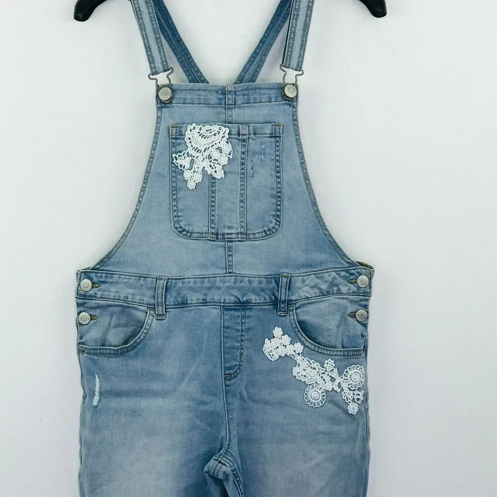 Justice Girl's 14 Plus Overalls Blue Light Wash Denim Lace Embroidered L